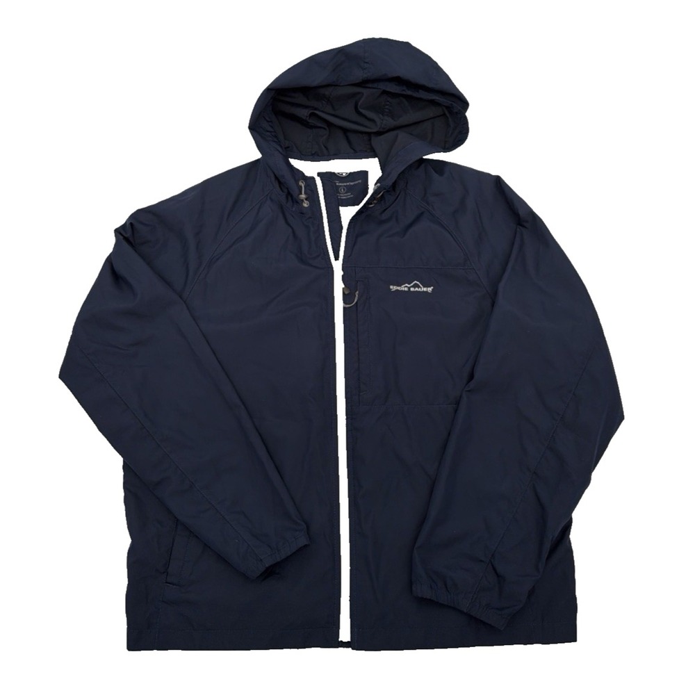 Eddie Bauer Jacket Mens Large Blue Packable Windbreaker Full Zip Hooded Outdoor